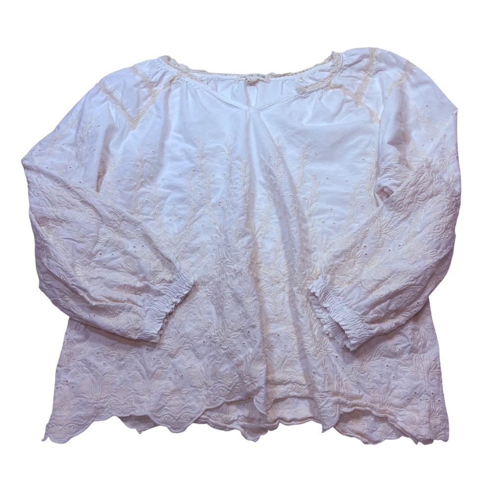 Cactus Pearl Womens XXL White Floral Eyelet Embroidered Peasant Blouse Boho Top